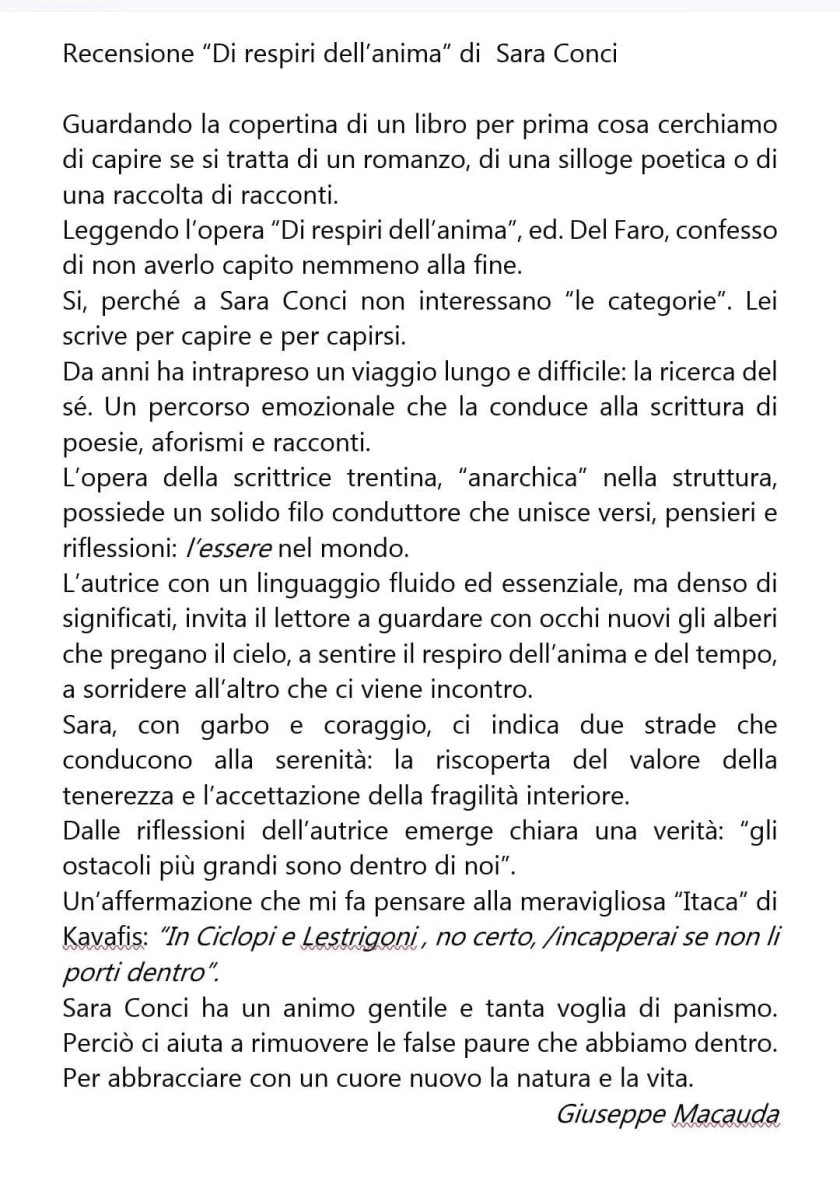Di respiri dell’anima, la recensione del prof. Giuseppe Macauda