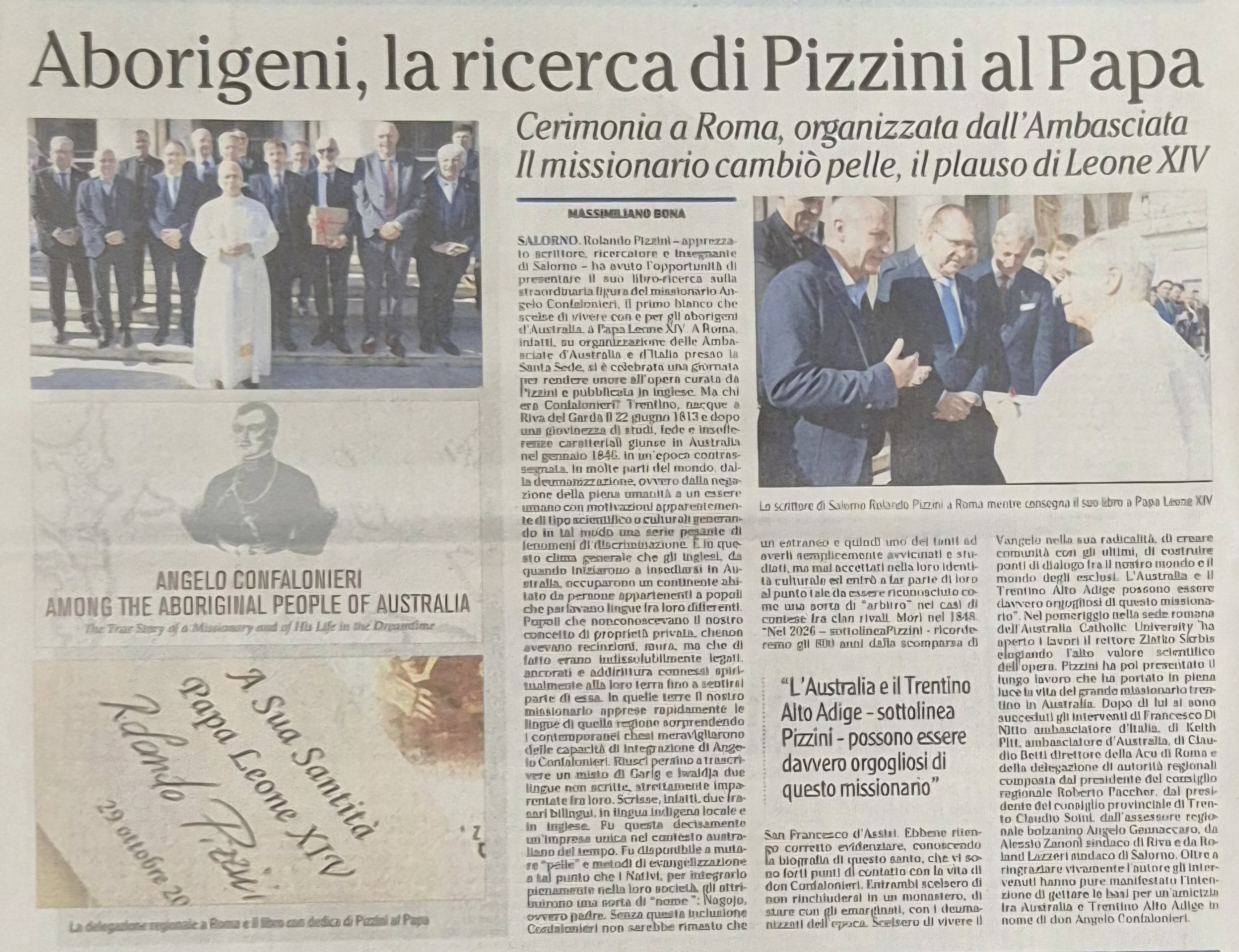 Il libro che raccoglie lo studio su Angelo Confalonieri di Rolando Pizzini presentato a papa Leone XIV