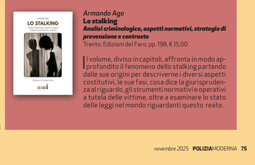 Un’opera completa e attuale: il libro "Lo stalking" di Armando Ago secondo Polizia Moderna
