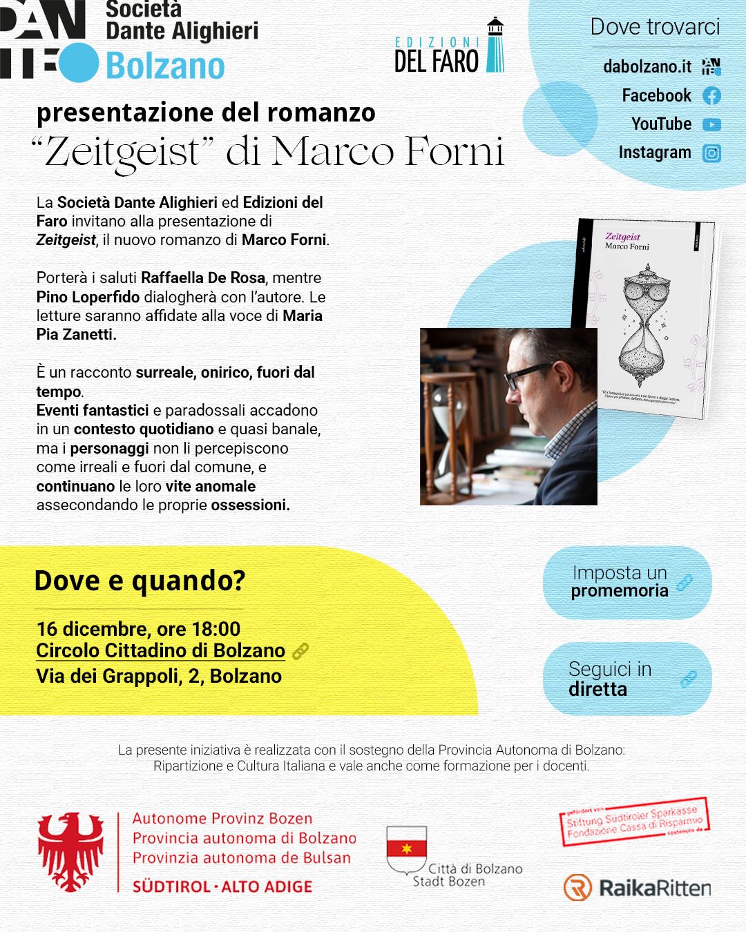 Al circolo cittadino di Bolzano arriva il nuovo romanzo di Marco Forni
