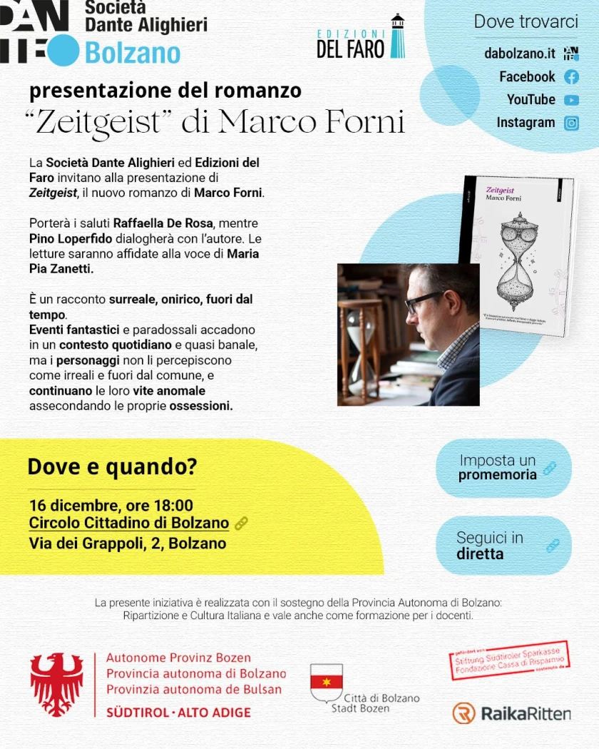 Al circolo cittadino di Bolzano arriva il nuovo romanzo di Marco Forni