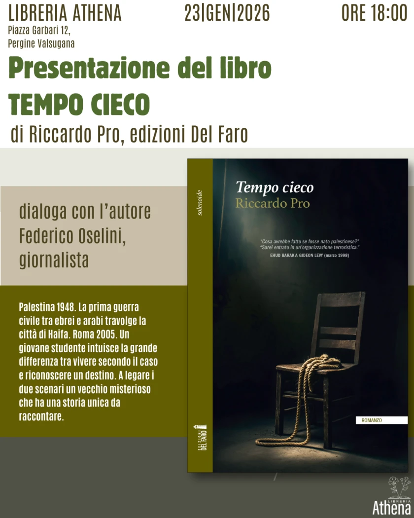 Il nuovo intreccio romanzesco di Riccardo Pro, su due piani narrativi e generazionali, alla libreria Athena di Pergine (TN)
