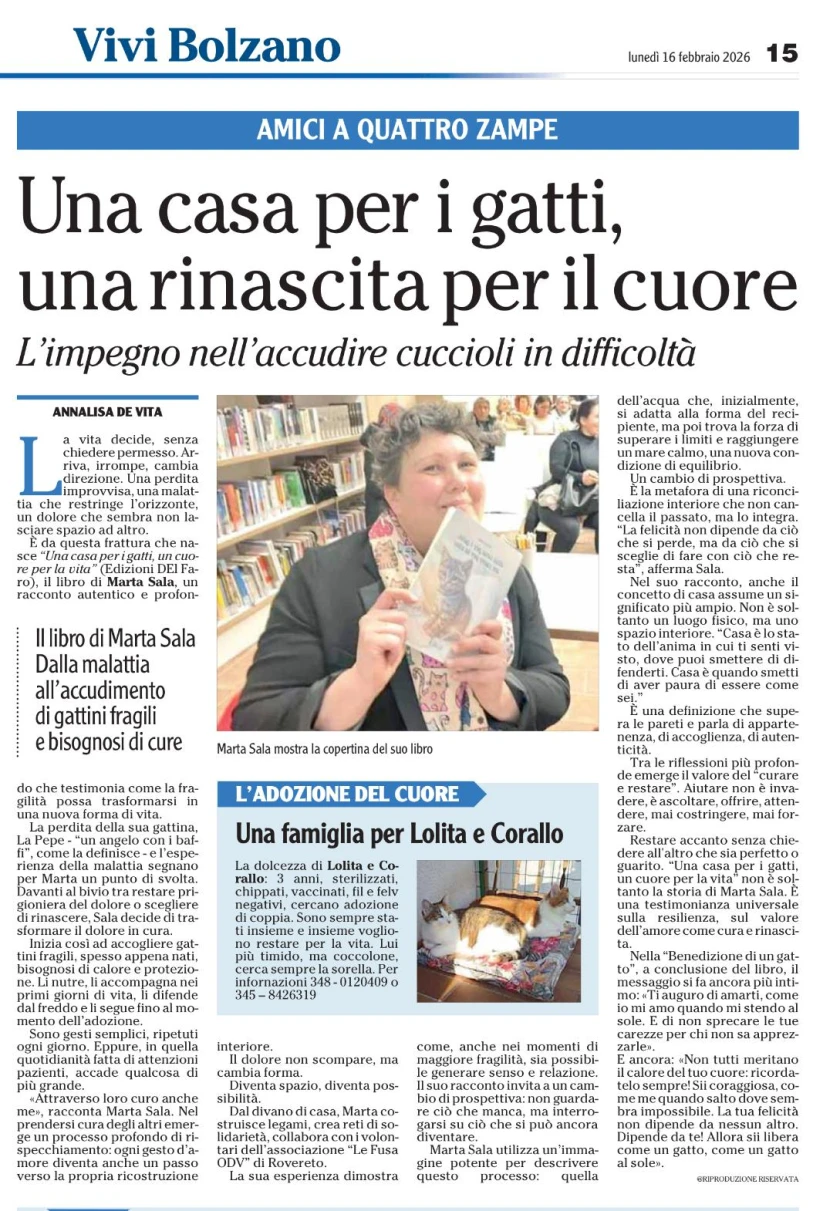 Il Quotidiano Alto Adige parla di "Una casa per I gatti, un cuore per la vita"