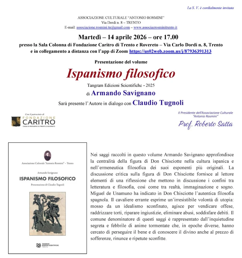 "Ispanismo filosofico" di e con Armando Savignano in sala Colonna della Fondazione Caritro a Trento