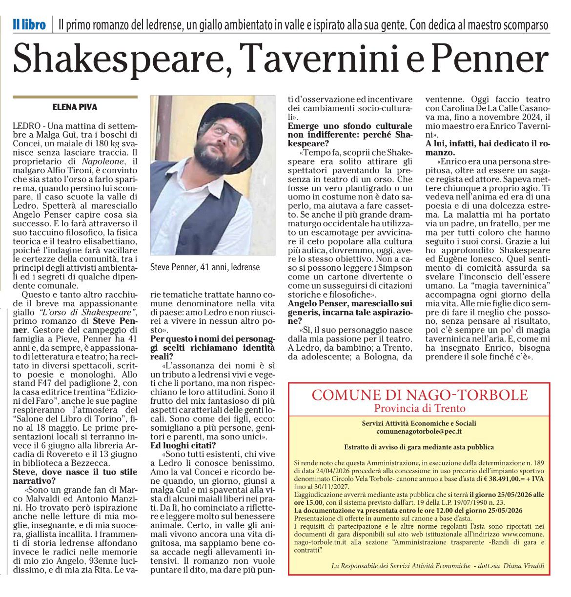 L'orso di Shakespeare sul quotidiano L'Adige