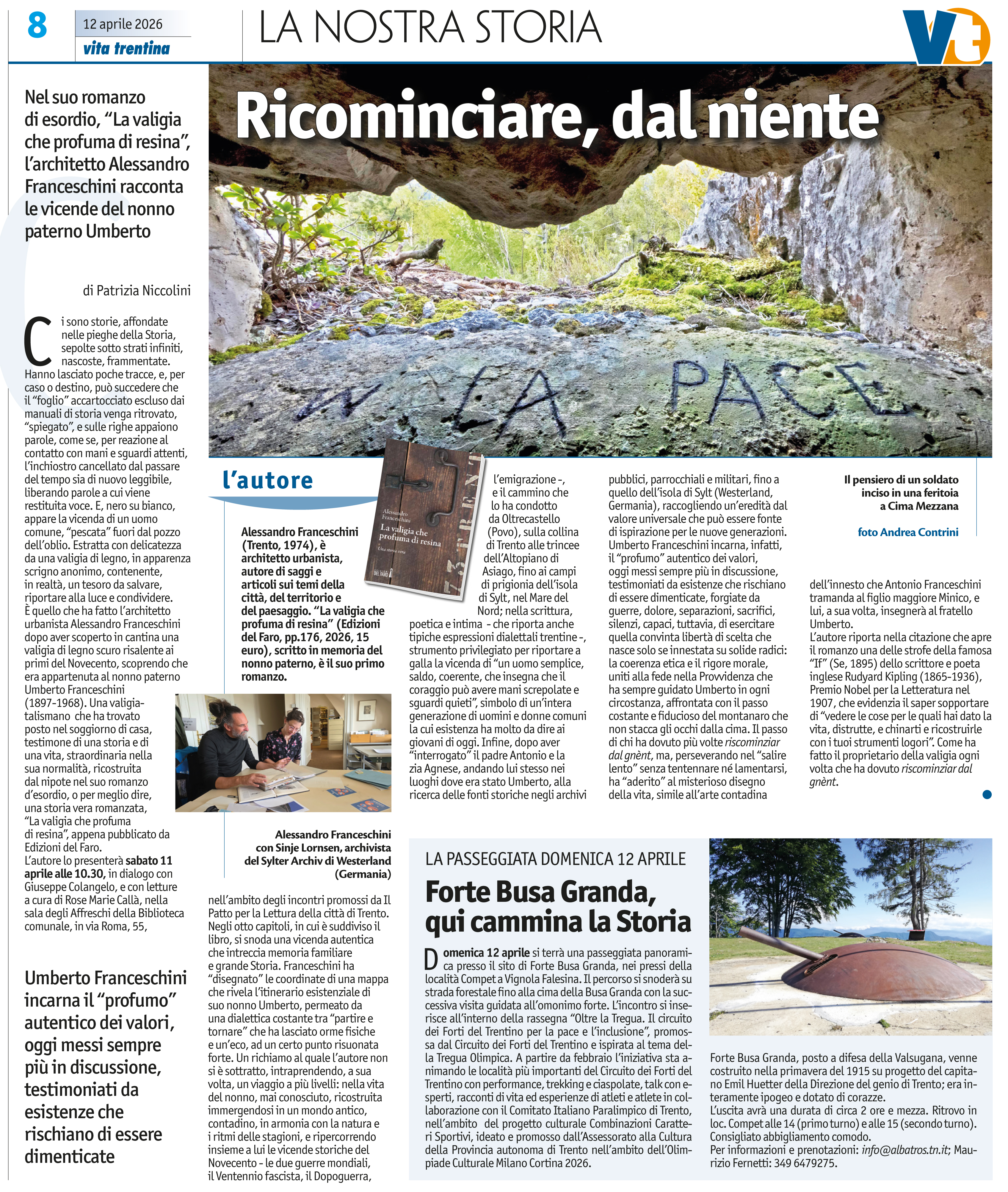 "Ricominciare, dal niente": Patrizia Niccolini recensisce "La valigia che profuma di resina" su Vita Trentina