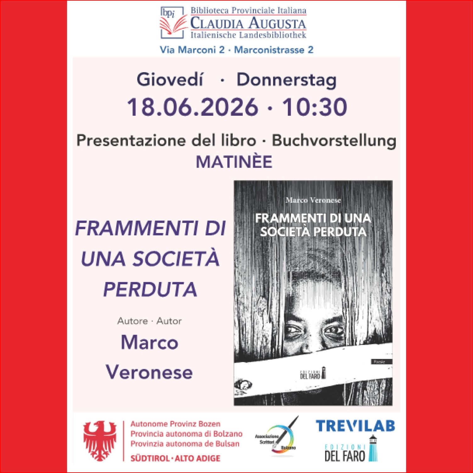 Al Centro Trevi di Bolzano la presentazione della silloge di Marco Veronese