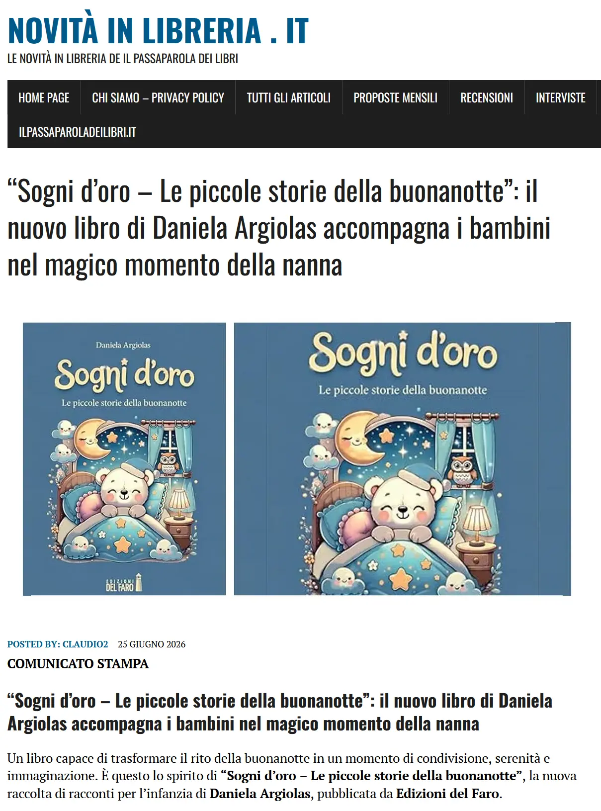 Il nuovo libro di Daniela Argiolas su "Novità in libreria"