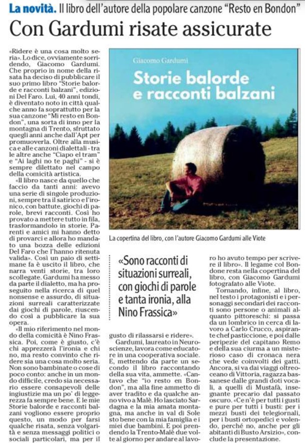 Sul quotidiano l'Adige bella intervista a Giacomo Gardumi