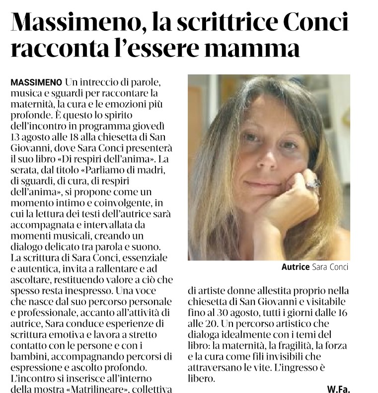 "Il T Quotidiano" parla di Sara Conci e dell'incontro previsto per il 13 agosto A Massimeno (TN)