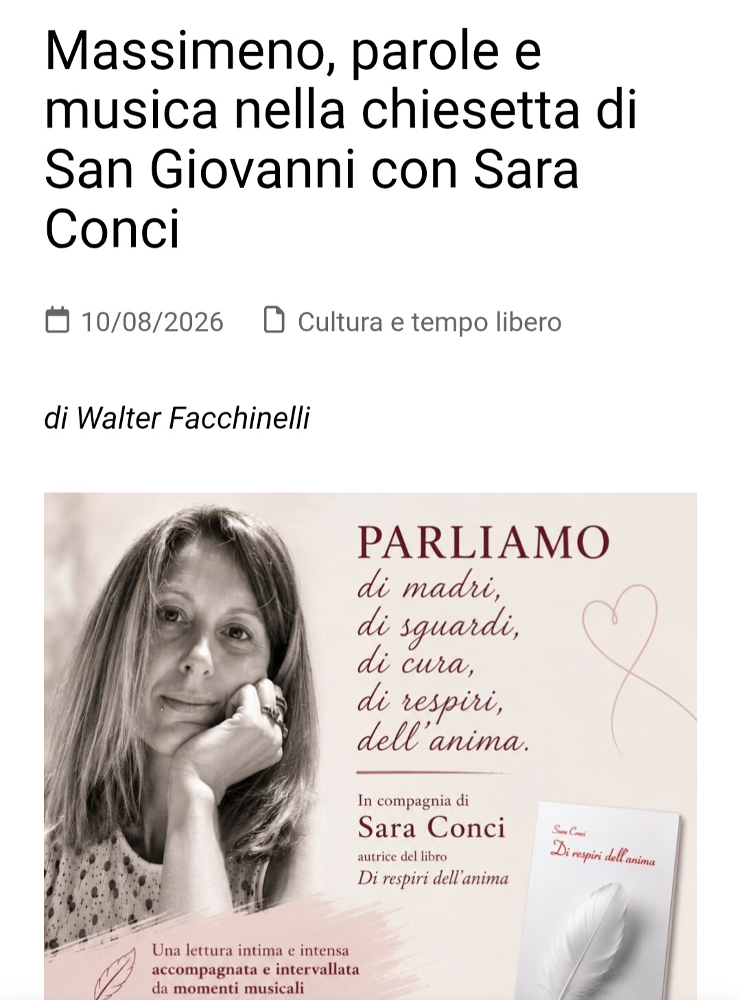 Sul sito Campane di Pinzolo si ricorda l'appuntamento di giovedì 13 agosto con Sara Conci