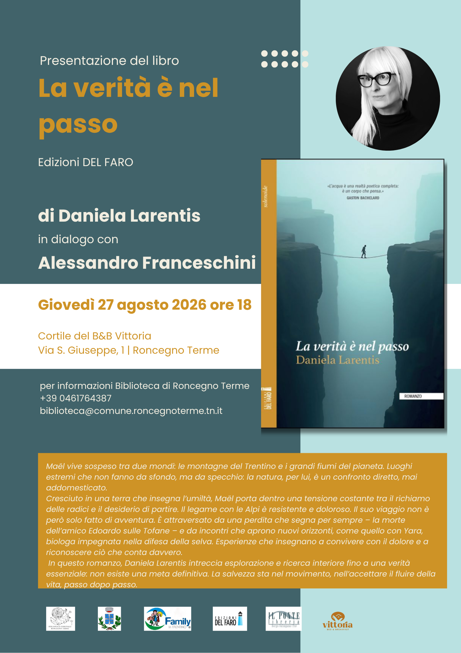 Daniela Larentis presenta il suo ultimo romanzo a Roncegno Terme giovedì 27 agosto 2026