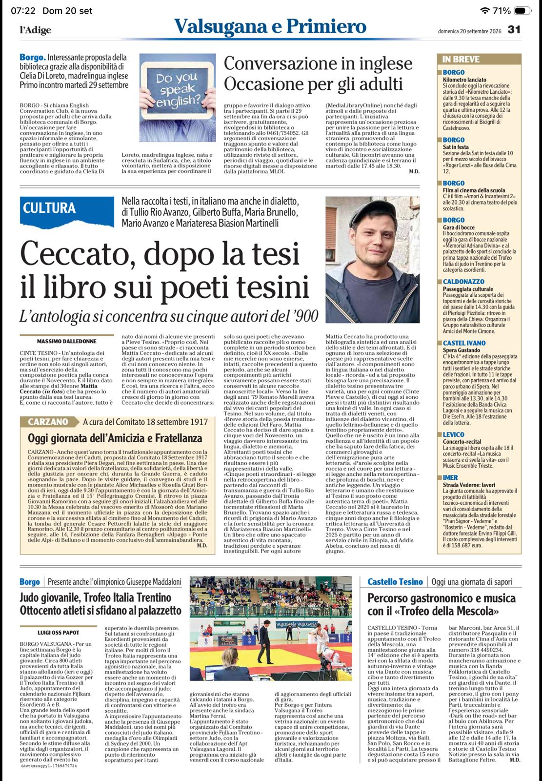 Mattia Ceccato sul quotidiano l'Adige del 20 settembre 2026